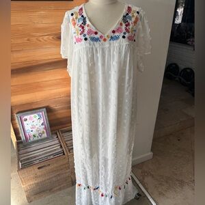 White Embroidered Maxi Dress with Colorful Floral Accents